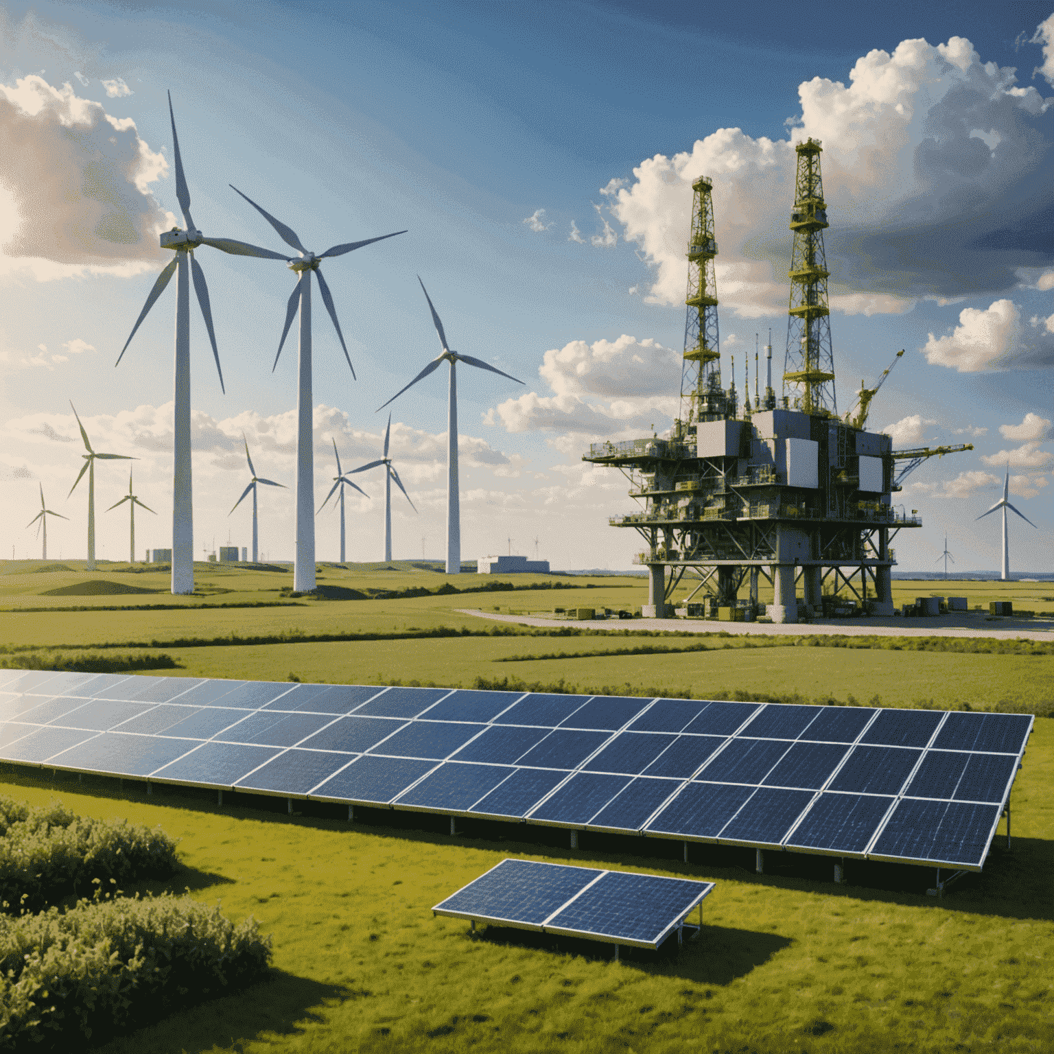 Oil rig with solar panels and wind turbines in the background, symbolizing the shift towards sustainable practices in the oil industry