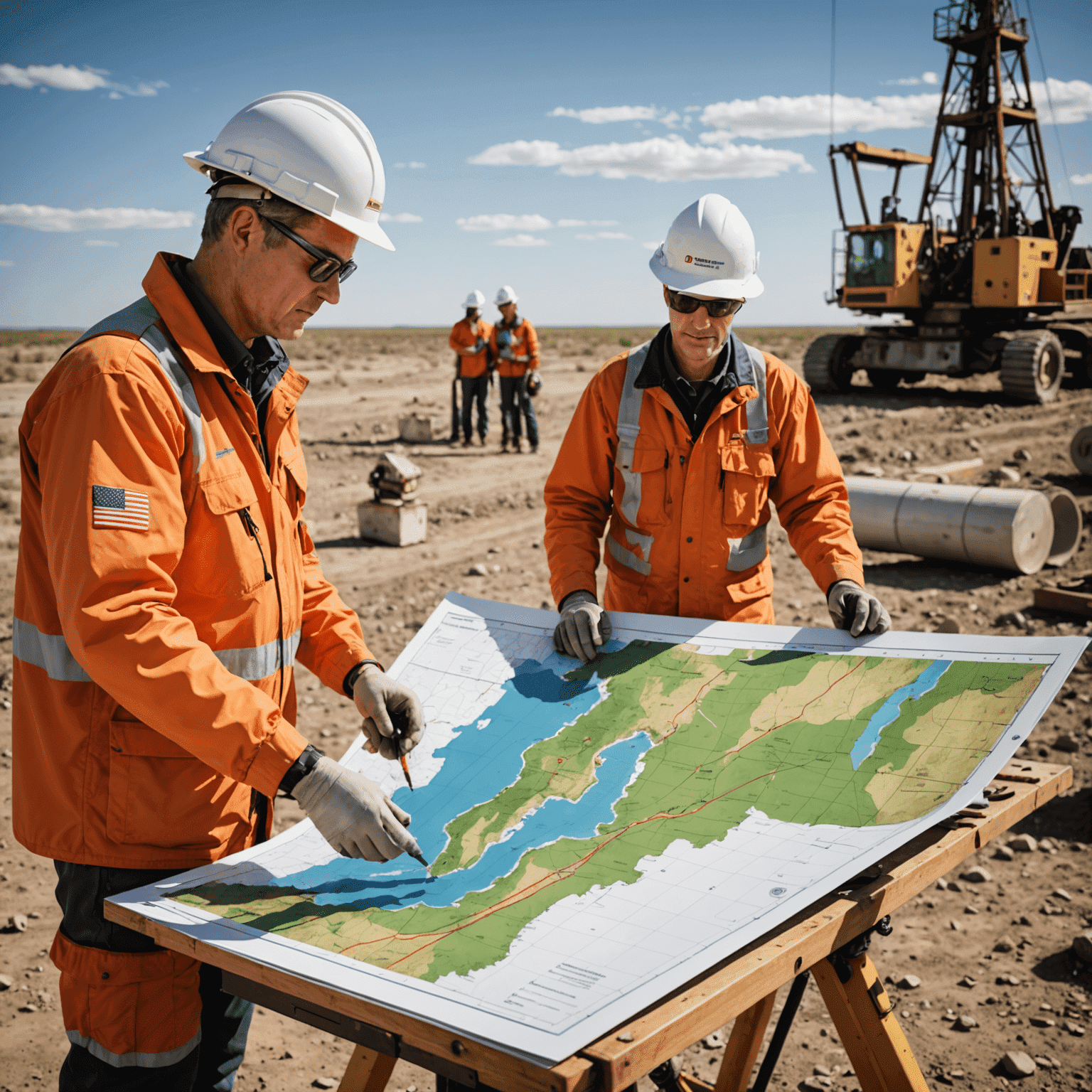 Seismic survey equipment and geologists analyzing geological maps for oil and gas exploration