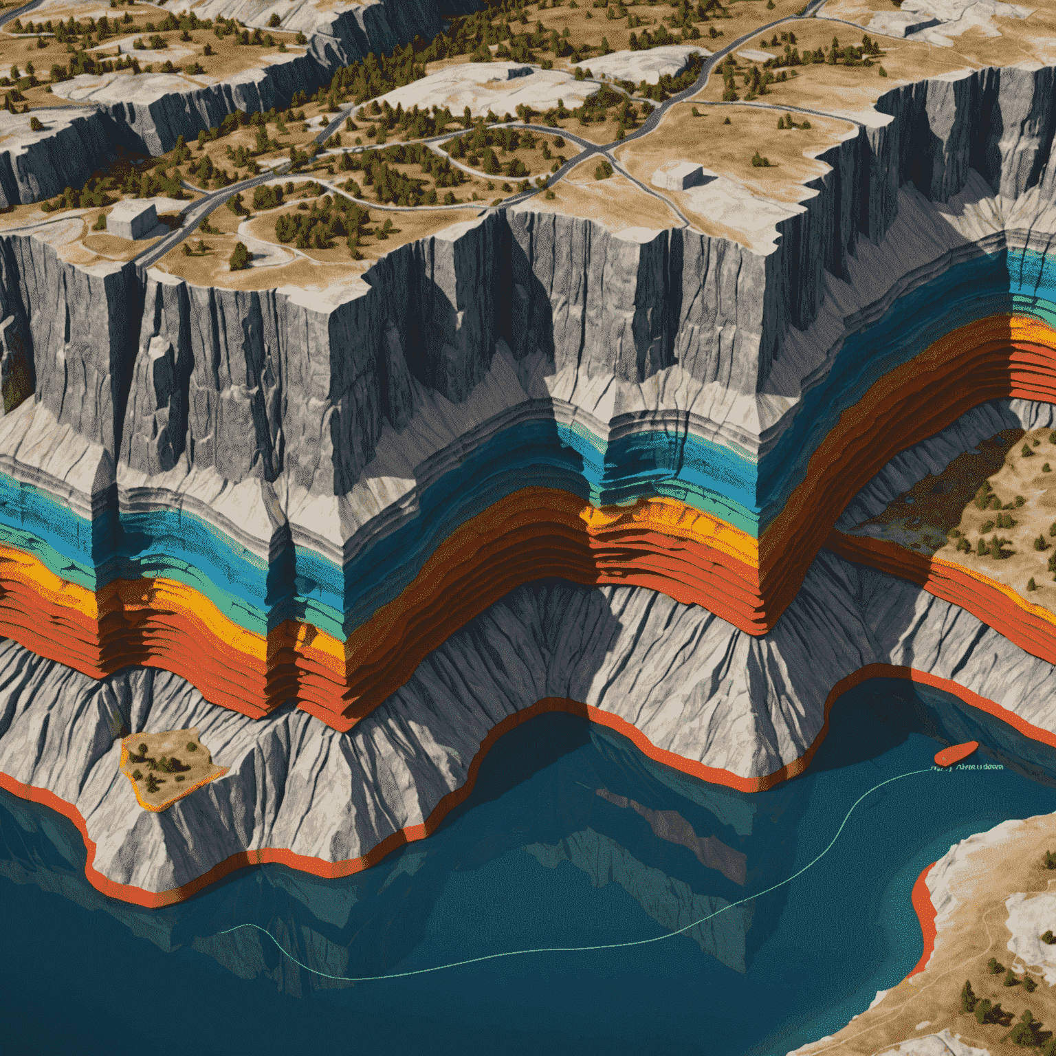 A detailed 3D geological model showing layers of rock formations with potential oil and gas reservoirs highlighted. The image includes seismic wave patterns and data overlays, representing the advanced exploration techniques used in the petroleum industry.