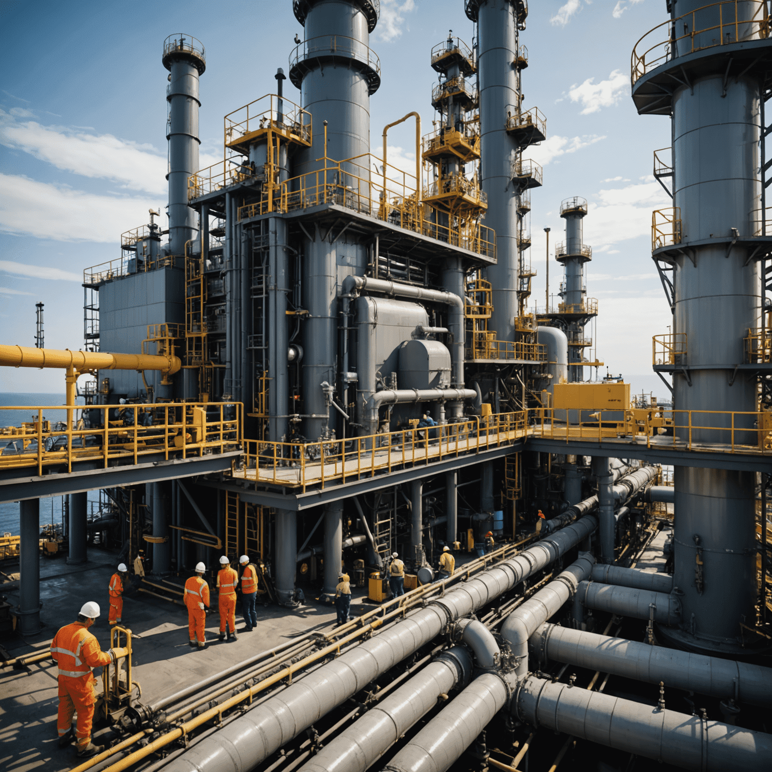 Oil and gas platform with workers performing integrity checks on equipment. The image showcases various pipelines, valves, and storage tanks being inspected for safety and reliability.