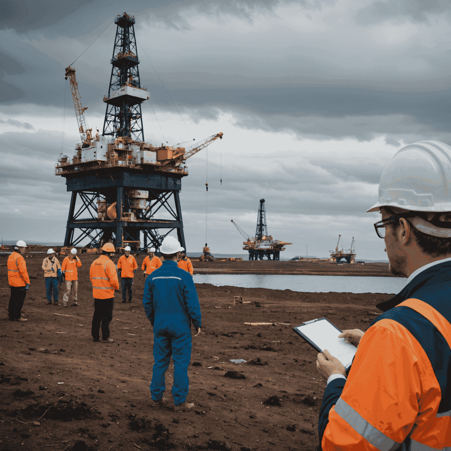 An oil rig in the background with environmental scientists conducting field tests in the foreground. The image showcases the balance between petroleum exploration and environmental protection.