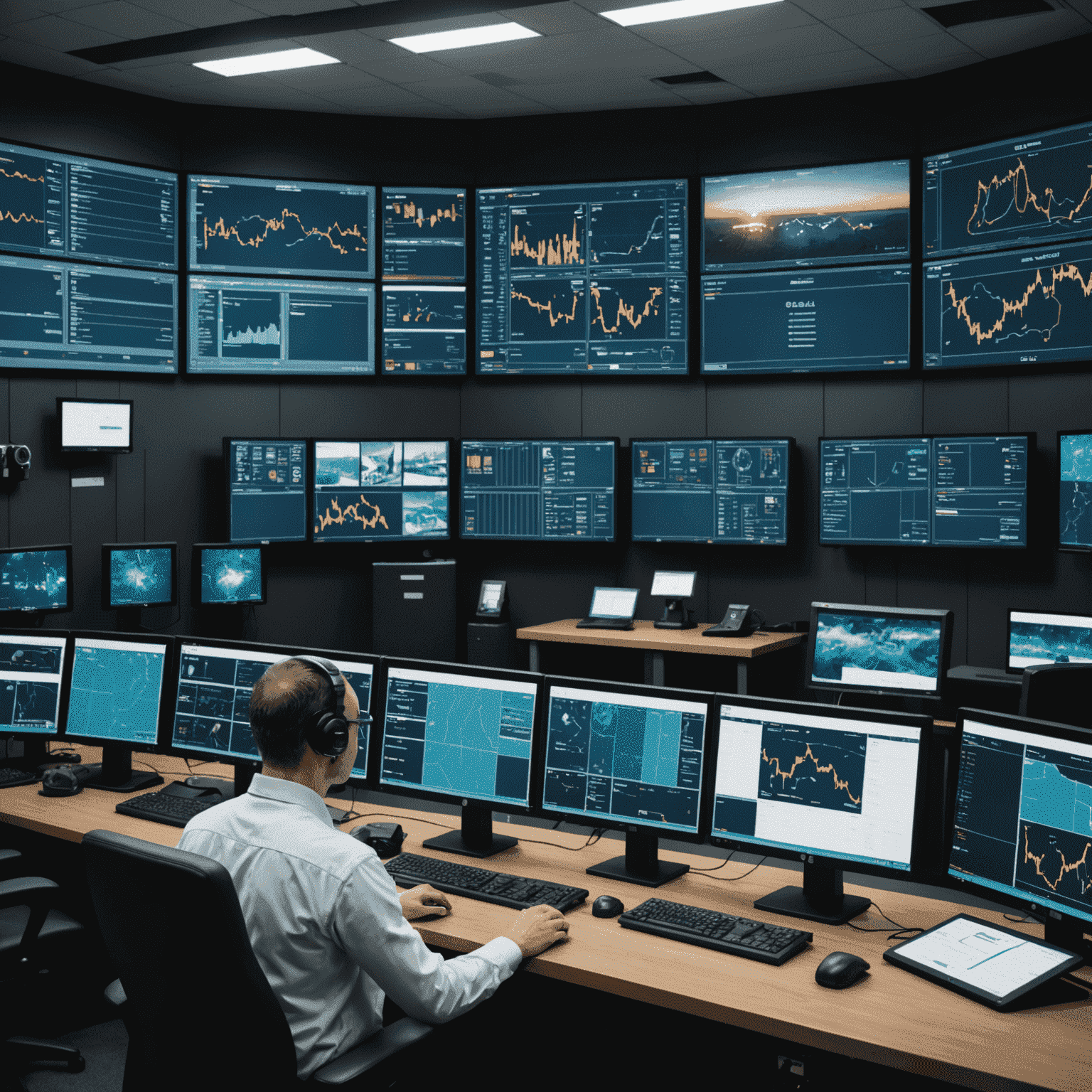 Advanced control room with multiple screens displaying real-time data and AI analytics for oil and gas operations