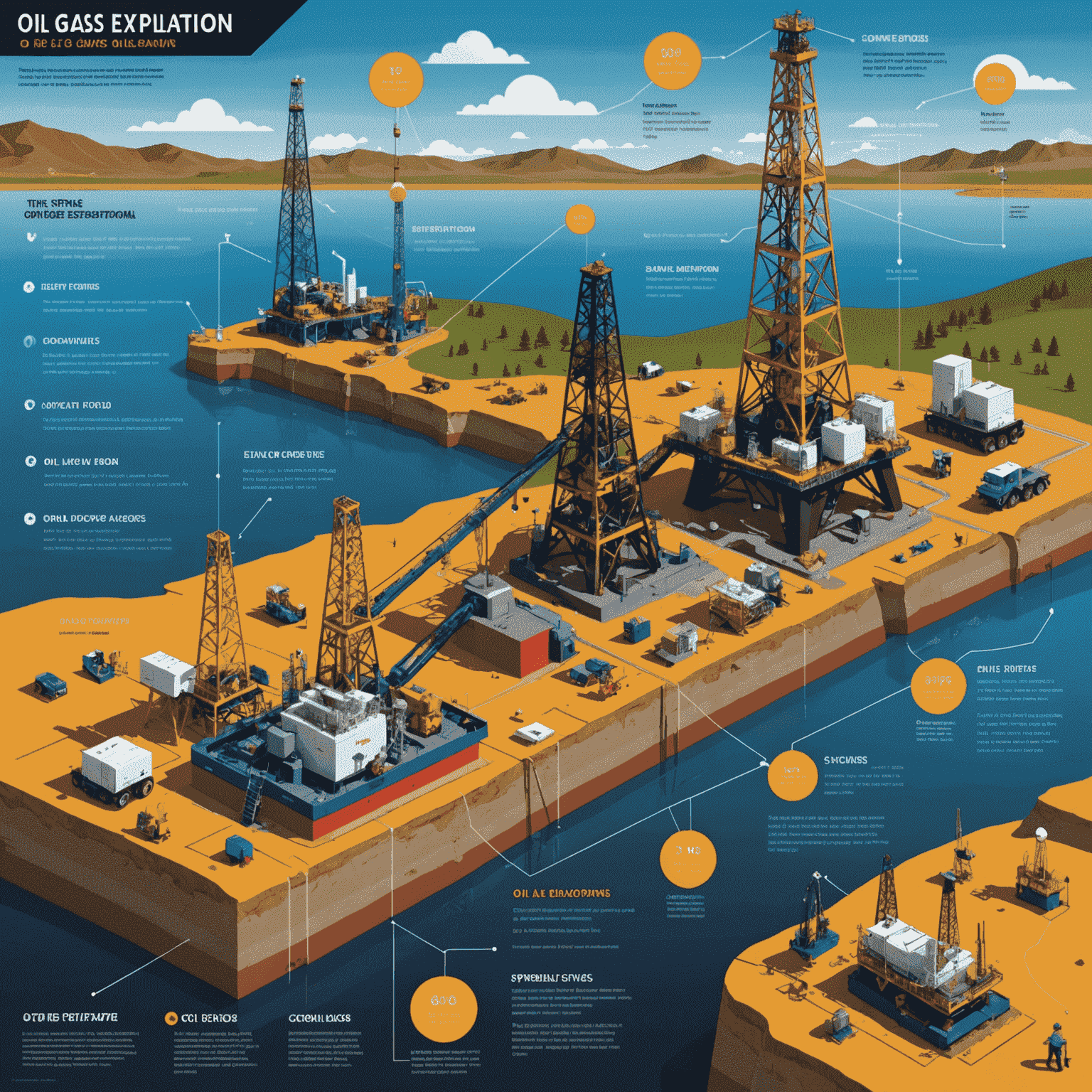 An infographic showing the step-by-step process of oil and gas exploration. The image depicts various stages including initial surveys, data analysis, drilling, and reservoir modeling. Each step is illustrated with relevant icons and brief descriptions, showcasing the comprehensive nature of the exploration services.