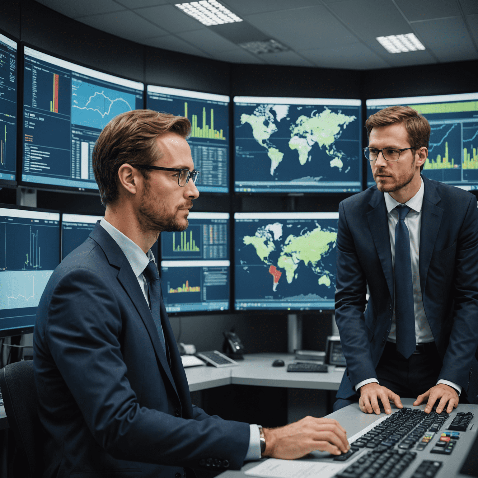 Engineers analyzing production data on large screens in a modern control room, showcasing the technological aspect of oil and gas advisory