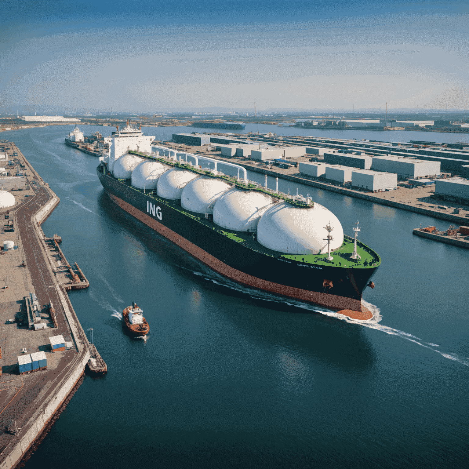 LNG tanker ship at a modern port facility, representing the global natural gas trade