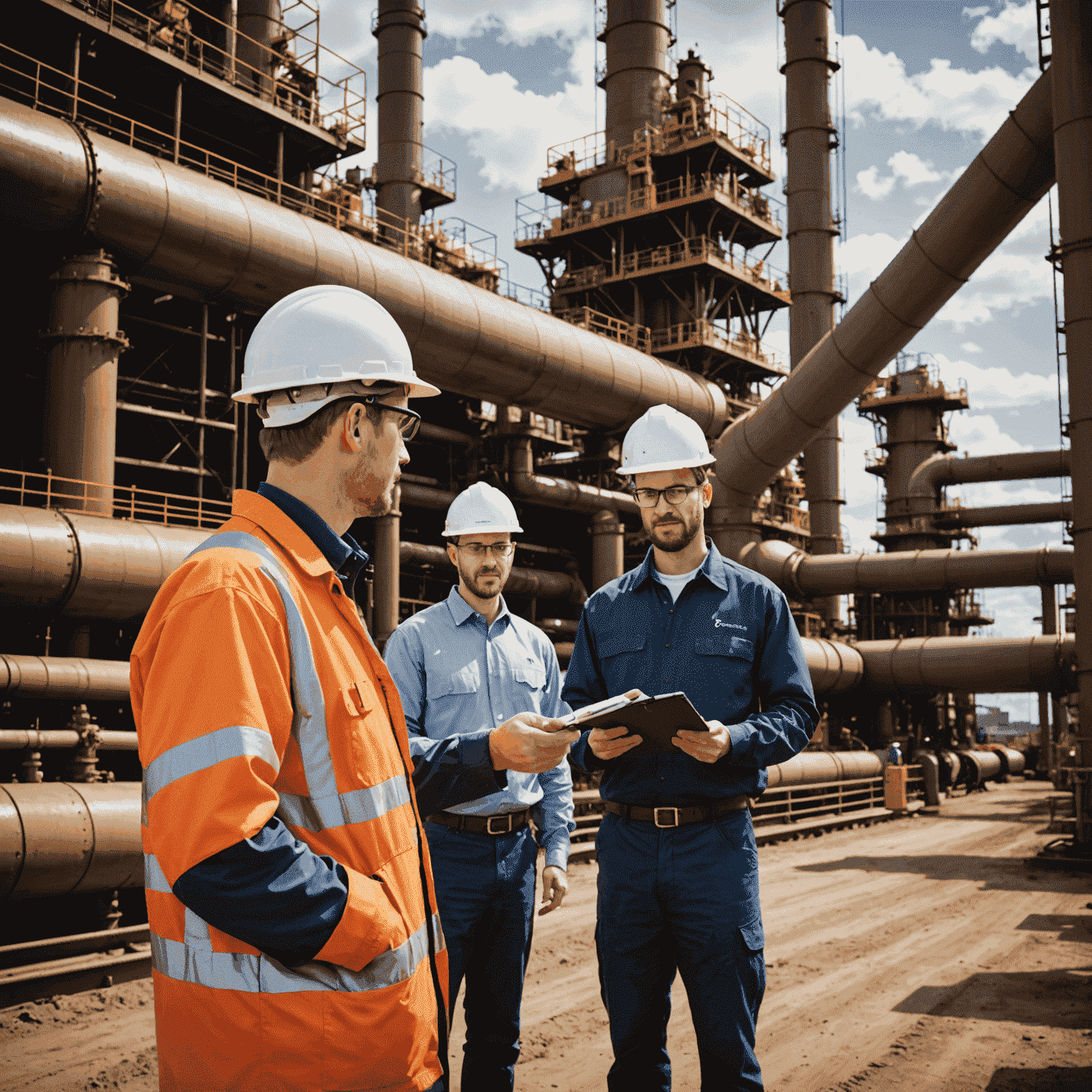 Engineers inspecting oil and gas infrastructure, including pipelines and offshore platforms