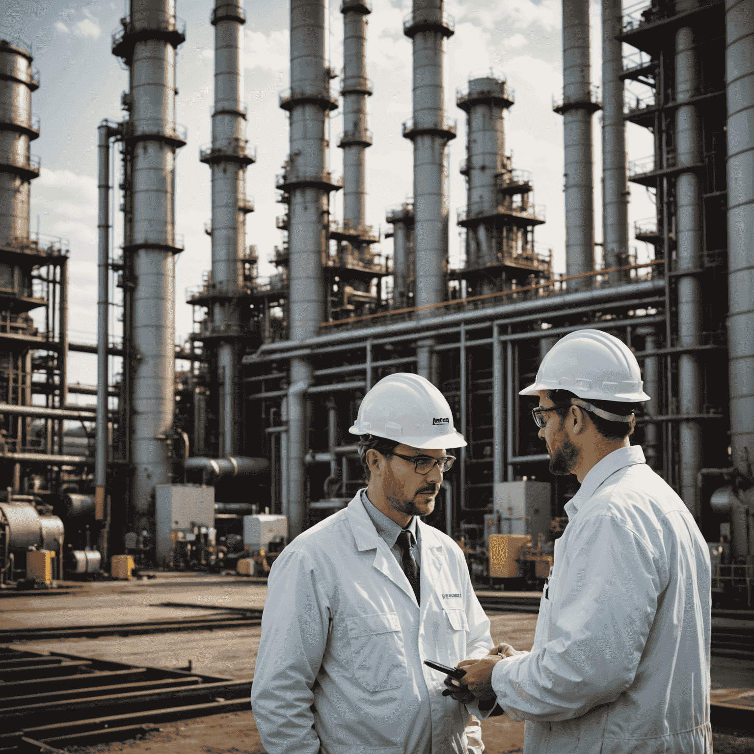 Environmental specialists monitoring emissions and implementing sustainable practices at an oil refinery